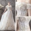 Elegant Champagne Wedding Dresses 2019 A-Line / Princess Off-The-Shoulder Short Sleeve Backless Beading Pearl Appliques Lace Flower Court Train Ruffle