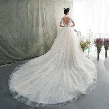 Vintage Retro Champagne Lace Wedding Dresses 2019 A Line Princess Off The Shoulder Short Sleeve Backless Heart Shaped Beading Chapel Train Ruffle