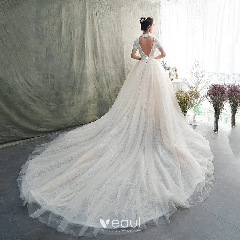 Vintage / Retro Champagne Lace Wedding Dresses 2019 A-Line / Princess Off-The-Shoulder Short Sleeve Backless Heart-shaped Beading Chapel Train Ruffle