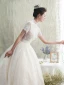 Vintage Champagner Spitze Brautkleider / Hochzeitskleider 2019 A Linie Off Shoulder Kurze Ärmel Rückenfreies Herzförmig Perlenstickerei Kapelle-Schleppe Rüschen