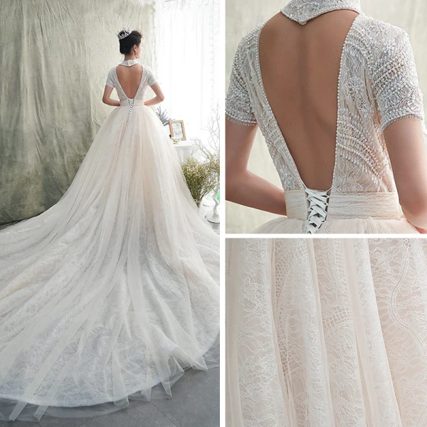 Vintage Champagner Spitze Brautkleider / Hochzeitskleider 2019 A Linie Off Shoulder Kurze Ärmel Rückenfreies Herzförmig Perlenstickerei Kapelle-Schleppe Rüschen