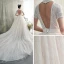 Vintage Champagner Spitze Brautkleider / Hochzeitskleider 2019 A Linie Off Shoulder Kurze Ärmel Rückenfreies Herzförmig Perlenstickerei Kapelle-Schleppe Rüschen