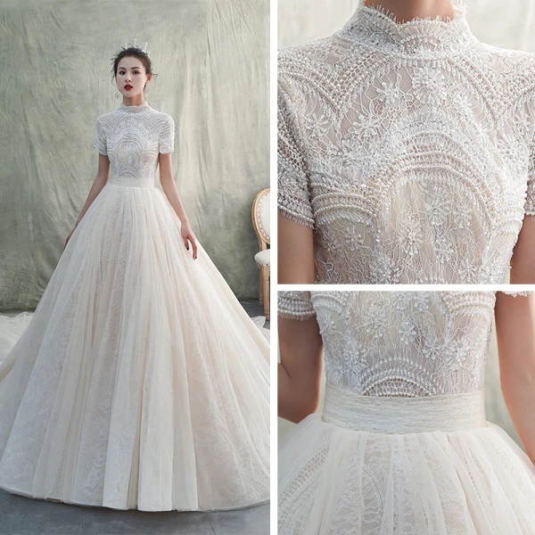 Vintage Champagner Spitze Brautkleider / Hochzeitskleider 2019 A Linie Off Shoulder Kurze Ärmel Rückenfreies Herzförmig Perlenstickerei Kapelle-Schleppe Rüschen