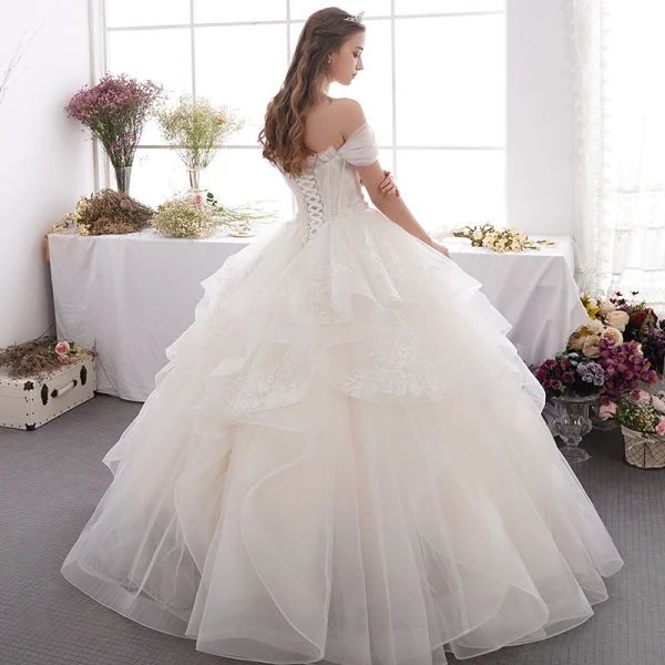 Affordable Champagne Outdoor / Garden Wedding Dresses 2019 A-Line / Princess Off-The-Shoulder Short Sleeve Backless Appliques Lace Beading Glitter Sequins Floor-Length / Long Ruffle