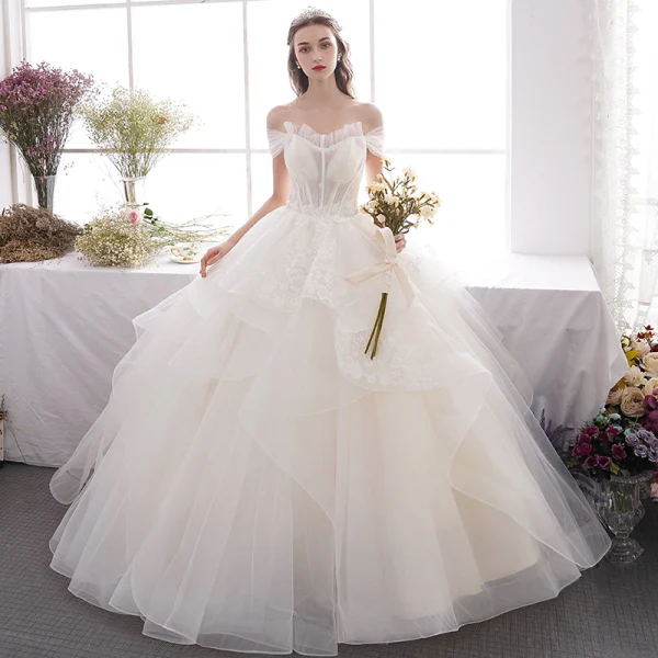 Affordable Champagne Outdoor / Garden Wedding Dresses 2019 A-Line / Princess Off-The-Shoulder Short Sleeve Backless Appliques Lace Beading Glitter Sequins Floor-Length / Long Ruffle