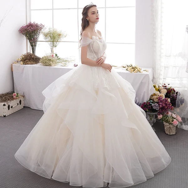 Affordable Champagne Outdoor / Garden Wedding Dresses 2019 A-Line / Princess Off-The-Shoulder Short Sleeve Backless Appliques Lace Beading Glitter Sequins Floor-Length / Long Ruffle