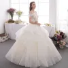 Affordable Champagne Outdoor / Garden Wedding Dresses 2019 A-Line / Princess Off-The-Shoulder Short Sleeve Backless Appliques Lace Beading Glitter Sequins Floor-Length / Long Ruffle