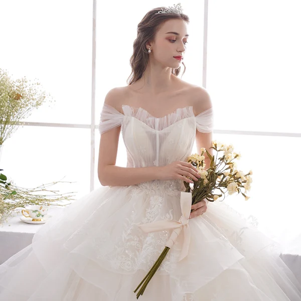 Affordable Champagne Outdoor / Garden Wedding Dresses 2019 A-Line / Princess Off-The-Shoulder Short Sleeve Backless Appliques Lace Beading Glitter Sequins Floor-Length / Long Ruffle