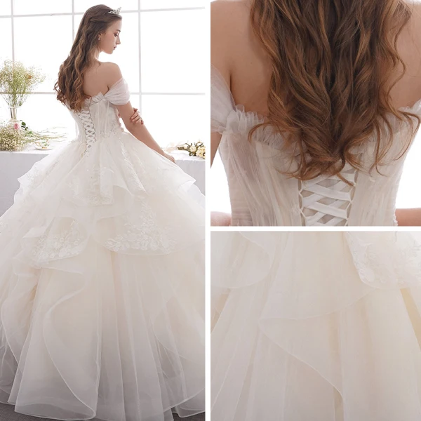 Affordable Champagne Outdoor / Garden Wedding Dresses 2019 A-Line / Princess Off-The-Shoulder Short Sleeve Backless Appliques Lace Beading Glitter Sequins Floor-Length / Long Ruffle