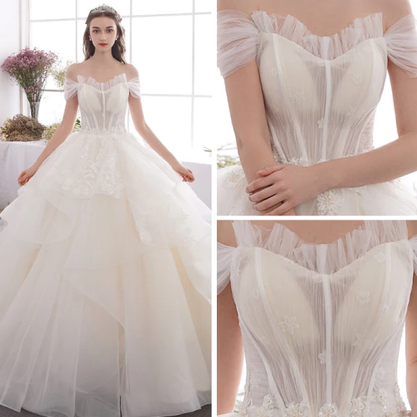 Affordable Champagne Outdoor / Garden Wedding Dresses 2019 A-Line / Princess Off-The-Shoulder Short Sleeve Backless Appliques Lace Beading Glitter Sequins Floor-Length / Long Ruffle