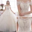 Affordable Champagne Outdoor / Garden Wedding Dresses 2019 A-Line / Princess Off-The-Shoulder Short Sleeve Backless Appliques Lace Beading Glitter Sequins Floor-Length / Long Ruffle