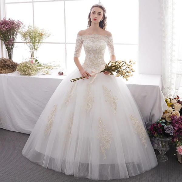 Affordable Ivory Outdoor / Garden Wedding Dresses 2019 A-Line / Princess Off-The-Shoulder 1/2 Sleeves Backless Appliques Lace Glitter Sequins Floor-Length / Long Ruffle