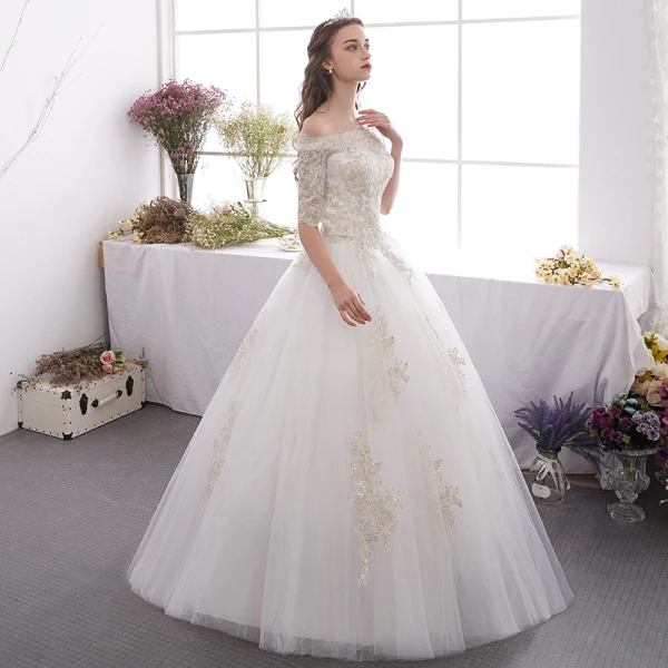 Affordable Ivory Outdoor / Garden Wedding Dresses 2019 A-Line / Princess Off-The-Shoulder 1/2 Sleeves Backless Appliques Lace Glitter Sequins Floor-Length / Long Ruffle