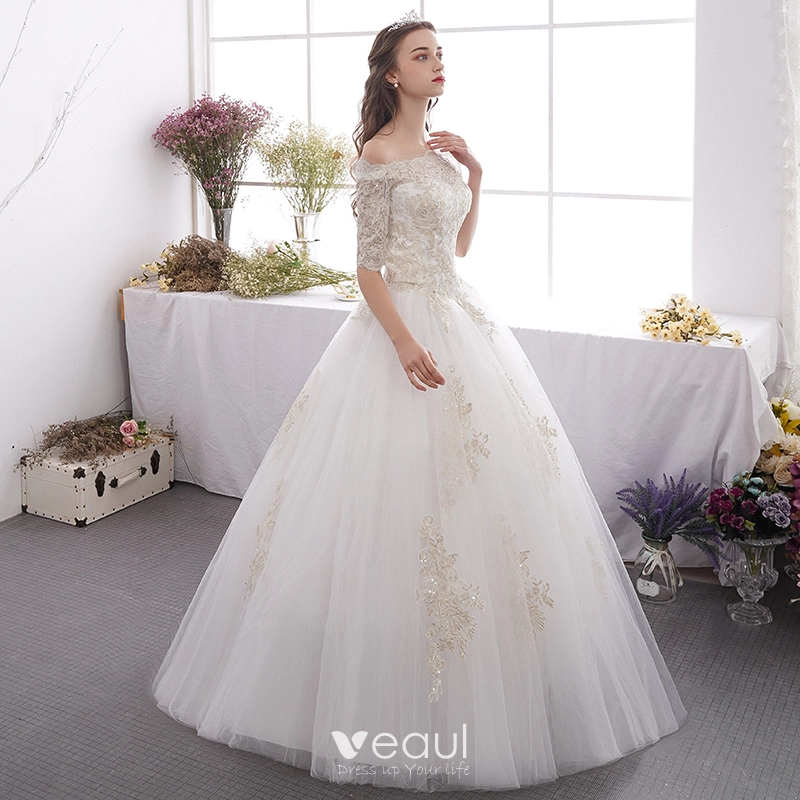 Affordable Ivory Outdoor Garden Wedding Dresses 2019 A Line Princess Off The Shoulder 1 2 Sleeves