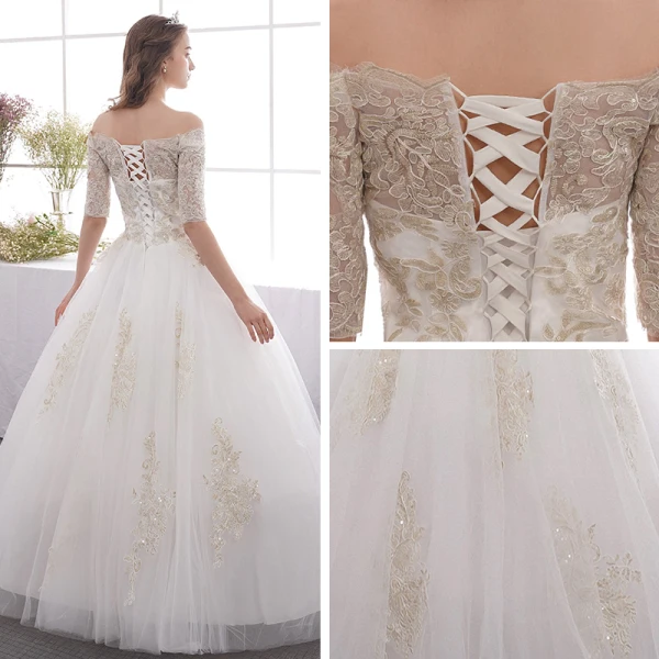 Affordable Ivory Outdoor / Garden Wedding Dresses 2019 A-Line / Princess Off-The-Shoulder 1/2 Sleeves Backless Appliques Lace Glitter Sequins Floor-Length / Long Ruffle