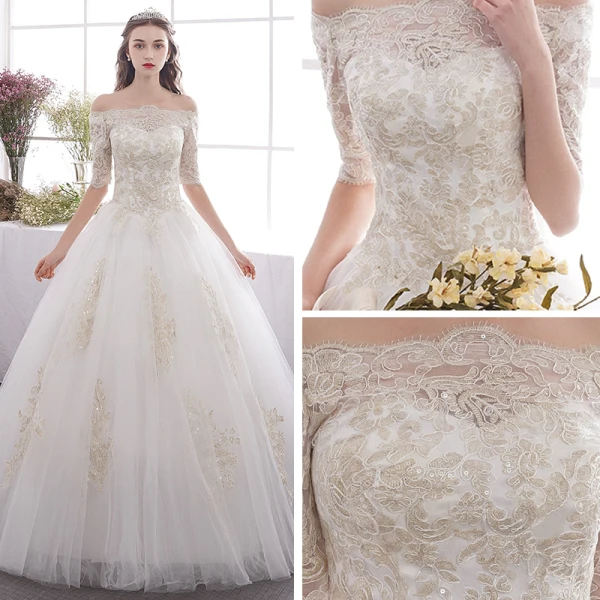 Affordable Ivory Outdoor / Garden Wedding Dresses 2019 A-Line / Princess Off-The-Shoulder 1/2 Sleeves Backless Appliques Lace Glitter Sequins Floor-Length / Long Ruffle