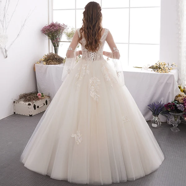 Affordable Champagne Outdoor / Garden Wedding Dresses 2019 A-Line / Princess See-through Deep V-Neck Bell sleeves Backless Appliques Lace Beading Floor-Length / Long Ruffle