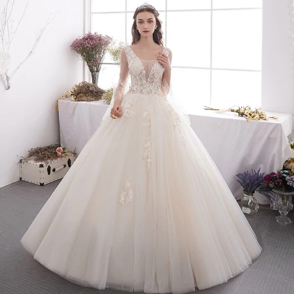 Affordable Champagne Outdoor / Garden Wedding Dresses 2019 A-Line / Princess See-through Deep V-Neck Bell sleeves Backless Appliques Lace Beading Floor-Length / Long Ruffle