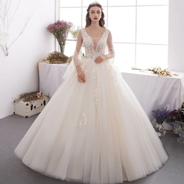 Affordable Champagne Outdoor / Garden Wedding Dresses 2019 A-Line / Princess See-through Deep V-Neck Bell sleeves Backless Appliques Lace Beading Floor-Length / Long Ruffle