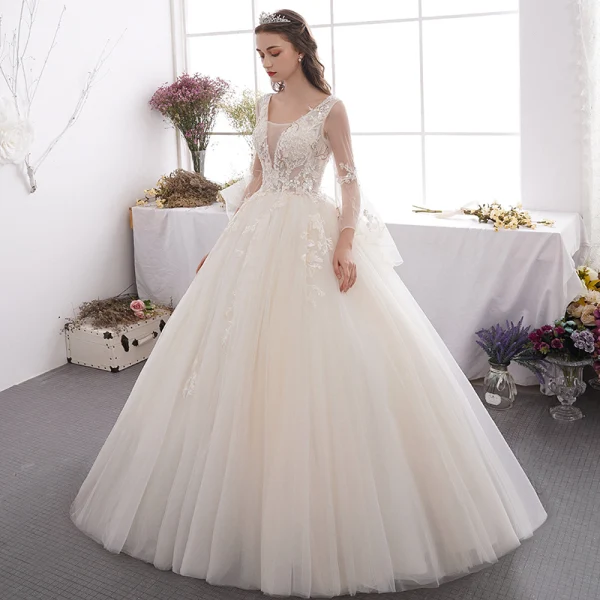Affordable Champagne Outdoor / Garden Wedding Dresses 2019 A-Line / Princess See-through Deep V-Neck Bell sleeves Backless Appliques Lace Beading Floor-Length / Long Ruffle