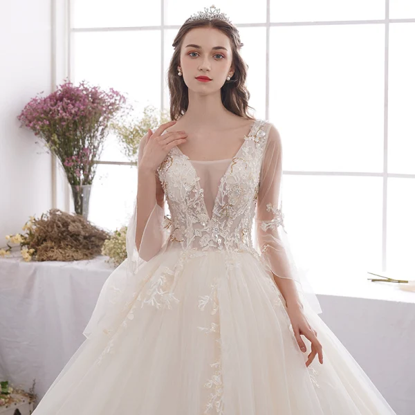 Affordable Champagne Outdoor / Garden Wedding Dresses 2019 A-Line / Princess See-through Deep V-Neck Bell sleeves Backless Appliques Lace Beading Floor-Length / Long Ruffle