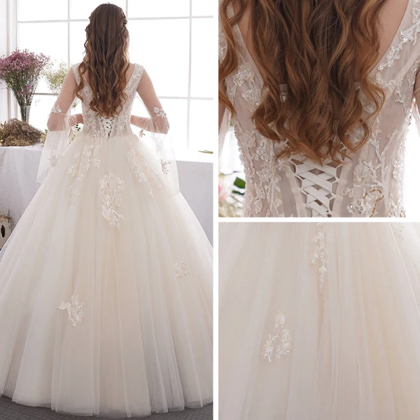 Affordable Champagne Outdoor / Garden Wedding Dresses 2019 A-Line / Princess See-through Deep V-Neck Bell sleeves Backless Appliques Lace Beading Floor-Length / Long Ruffle