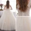 Affordable Champagne Outdoor / Garden Wedding Dresses 2019 A-Line / Princess See-through Deep V-Neck Bell sleeves Backless Appliques Lace Beading Floor-Length / Long Ruffle