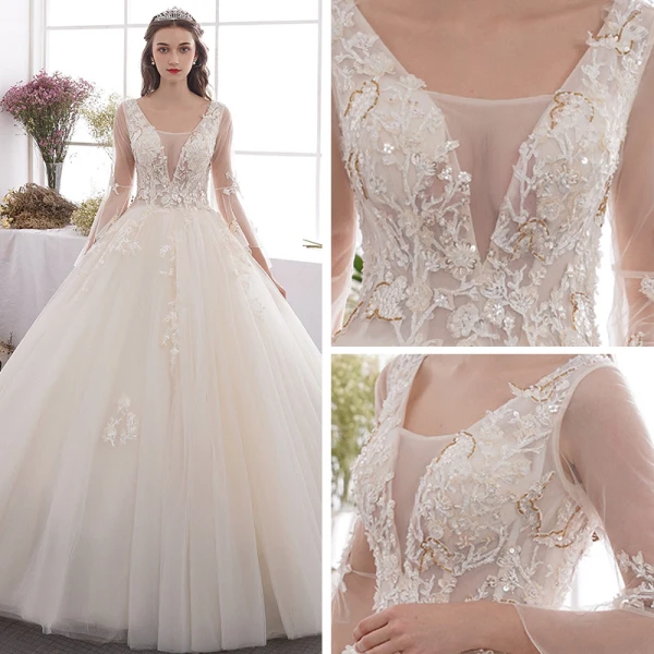 Affordable Champagne Outdoor / Garden Wedding Dresses 2019 A-Line / Princess See-through Deep V-Neck Bell sleeves Backless Appliques Lace Beading Floor-Length / Long Ruffle