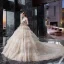 Fabelhaft Champagner Glanz Spitze Brautkleider / Hochzeitskleider 2019 Ballkleid Durchsichtige Stehkragen Ärmellos Rückenfreies Perlenstickerei Kathedrale Schleppe Rüschen