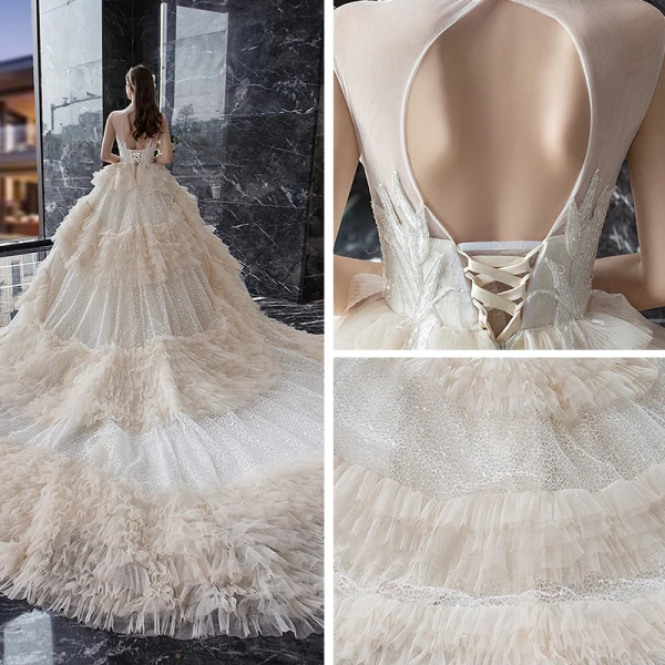 Fabelhaft Champagner Glanz Spitze Brautkleider / Hochzeitskleider 2019 Ballkleid Durchsichtige Stehkragen Ärmellos Rückenfreies Perlenstickerei Kathedrale Schleppe Rüschen