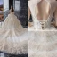 Fabelhaft Champagner Glanz Spitze Brautkleider / Hochzeitskleider 2019 Ballkleid Durchsichtige Stehkragen Ärmellos Rückenfreies Perlenstickerei Kathedrale Schleppe Rüschen