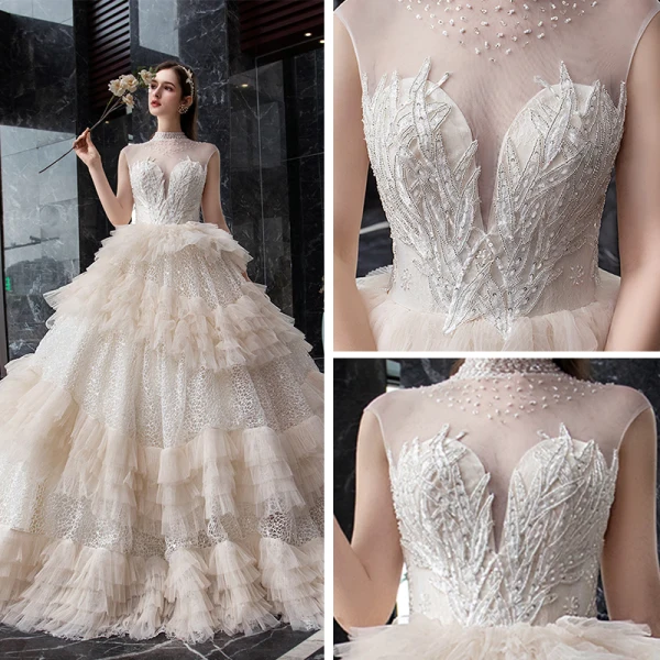 Fabelhaft Champagner Glanz Spitze Brautkleider / Hochzeitskleider 2019 Ballkleid Durchsichtige Stehkragen Ärmellos Rückenfreies Perlenstickerei Kathedrale Schleppe Rüschen