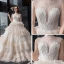 Fabelhaft Champagner Glanz Spitze Brautkleider / Hochzeitskleider 2019 Ballkleid Durchsichtige Stehkragen Ärmellos Rückenfreies Perlenstickerei Kathedrale Schleppe Rüschen