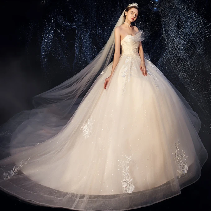 Fine Champagne Brudekjoler 2019 Ballkjole Kjæreste Uten Ermer Ryggløse Appliques Blonder Paljetter Glitter Tyll Cathedral Train Buste