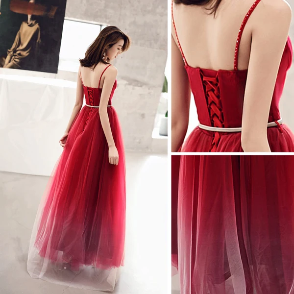 Élégant Bordeaux Robe De Soirée 2019 Princesse Bretelles Spaghetti Sans Manches Faux Diamant Métal Ceinture Longue Volants Dos Nu Robe De Ceremonie
