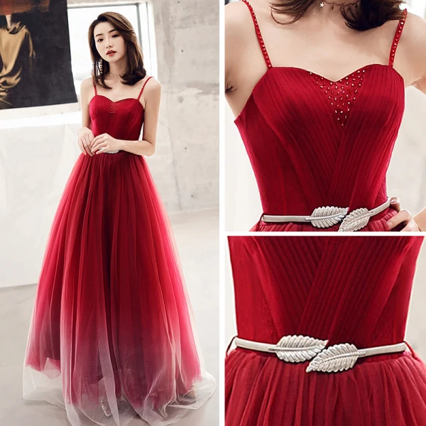 Élégant Bordeaux Robe De Soirée 2019 Princesse Bretelles Spaghetti Sans Manches Faux Diamant Métal Ceinture Longue Volants Dos Nu Robe De Ceremonie