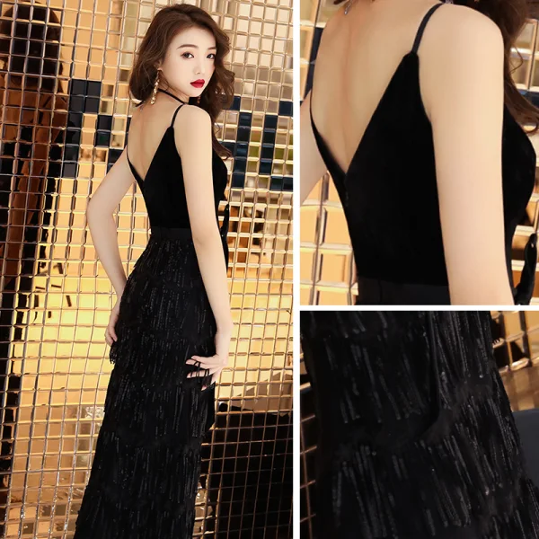Chic / Belle Noire Robe De Soirée 2019 Trompette / Sirène Bretelles Spaghetti Sans Manches Gland Longue Dos Nu Robe De Ceremonie