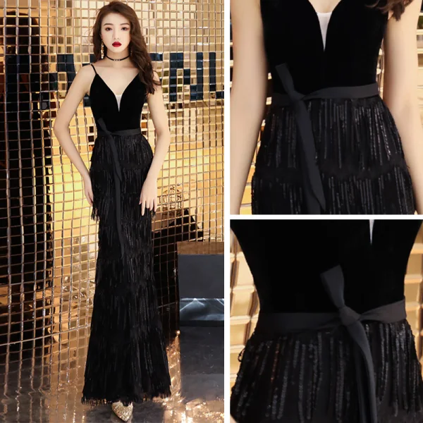 Chic / Belle Noire Robe De Soirée 2019 Trompette / Sirène Bretelles Spaghetti Sans Manches Gland Longue Dos Nu Robe De Ceremonie