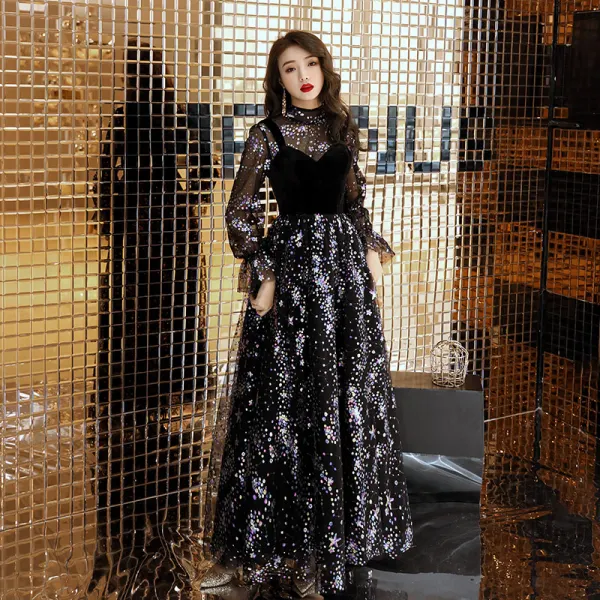 Bling Bling Black See-through Evening Dresses 2019 A-Line / Princess High Neck Puffy Long Sleeve Glitter Sequins Floor-Length / Long Ruffle Formal Dresses Bling Bling Black See-through Evening Dresses 2019 A-Line / Princess High Neck Puffy Long Sleeve Glitter Sequins Floor-Length / Long Ruffle Formal Dresses