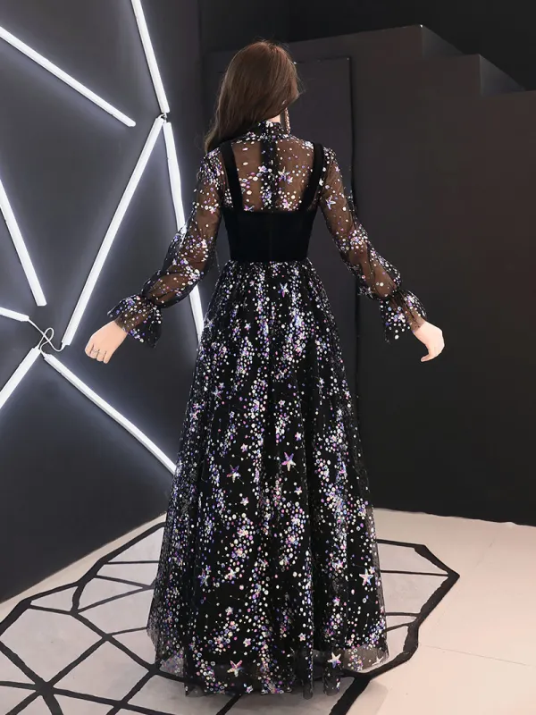 Bling Bling Noire Transparentes Robe De Soirée 2019 Princesse Col Haut Gonflée Manches Longues Glitter Paillettes Longue Volants Robe De Ceremonie
