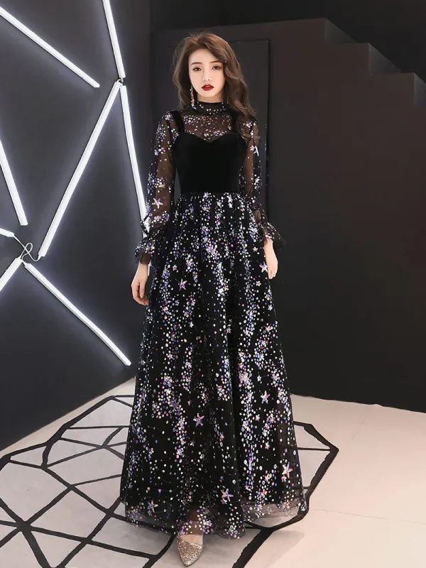 Bling Bling Noire Transparentes Robe De Soirée 2019 Princesse Col Haut Gonflée Manches Longues Glitter Paillettes Longue Volants Robe De Ceremonie