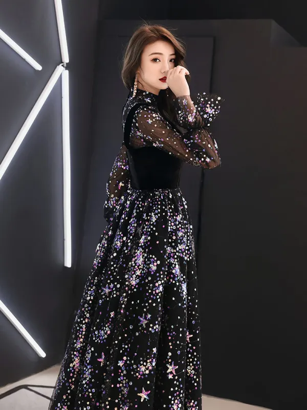 Bling Bling Noire Transparentes Robe De Soirée 2019 Princesse Col Haut Gonflée Manches Longues Glitter Paillettes Longue Volants Robe De Ceremonie
