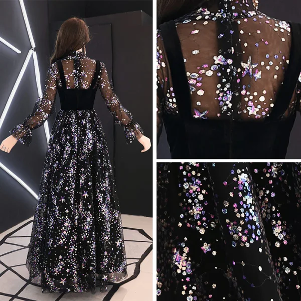 Bling Bling Noire Transparentes Robe De Soirée 2019 Princesse Col Haut Gonflée Manches Longues Glitter Paillettes Longue Volants Robe De Ceremonie