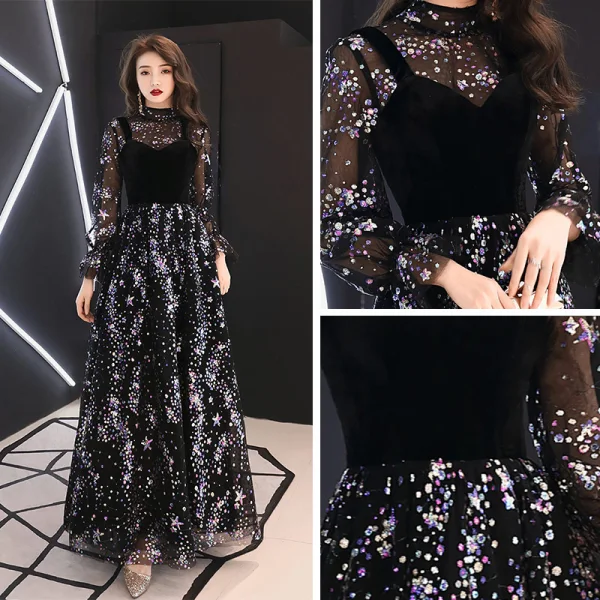 Bling Bling Noire Transparentes Robe De Soirée 2019 Princesse Col Haut Gonflée Manches Longues Glitter Paillettes Longue Volants Robe De Ceremonie