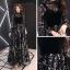 Bling Bling Noire Transparentes Robe De Soirée 2019 Princesse Col Haut Gonflée Manches Longues Glitter Paillettes Longue Volants Robe De Ceremonie
