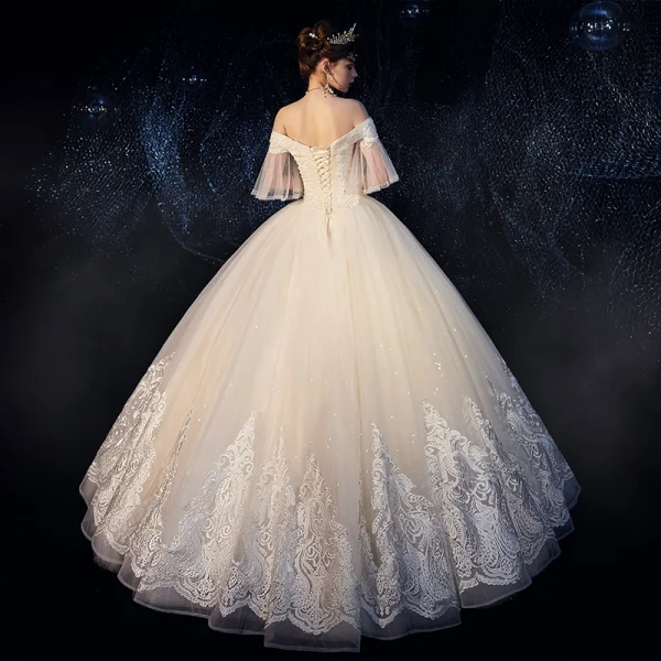 Best Ivory Outdoor / Garden Wedding Dresses 2019 Ball Gown Off-The-Shoulder Bell sleeves Backless Beading Appliques Lace Glitter Tulle Floor-Length / Long Ruffle