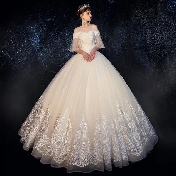 Best Ivory Outdoor / Garden Wedding Dresses 2019 Ball Gown Off-The-Shoulder Bell sleeves Backless Beading Appliques Lace Glitter Tulle Floor-Length / Long Ruffle