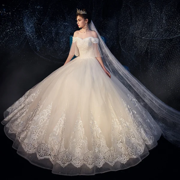 Best Ivory Outdoor / Garden Wedding Dresses 2019 Ball Gown Off-The-Shoulder Bell sleeves Backless Beading Appliques Lace Glitter Tulle Floor-Length / Long Ruffle