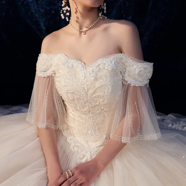 Best Ivory Outdoor / Garden Wedding Dresses 2019 Ball Gown Off-The-Shoulder Bell sleeves Backless Beading Appliques Lace Glitter Tulle Floor-Length / Long Ruffle