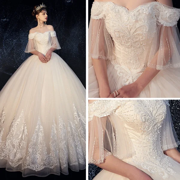 Best Ivory Outdoor / Garden Wedding Dresses 2019 Ball Gown Off-The-Shoulder Bell sleeves Backless Beading Appliques Lace Glitter Tulle Floor-Length / Long Ruffle